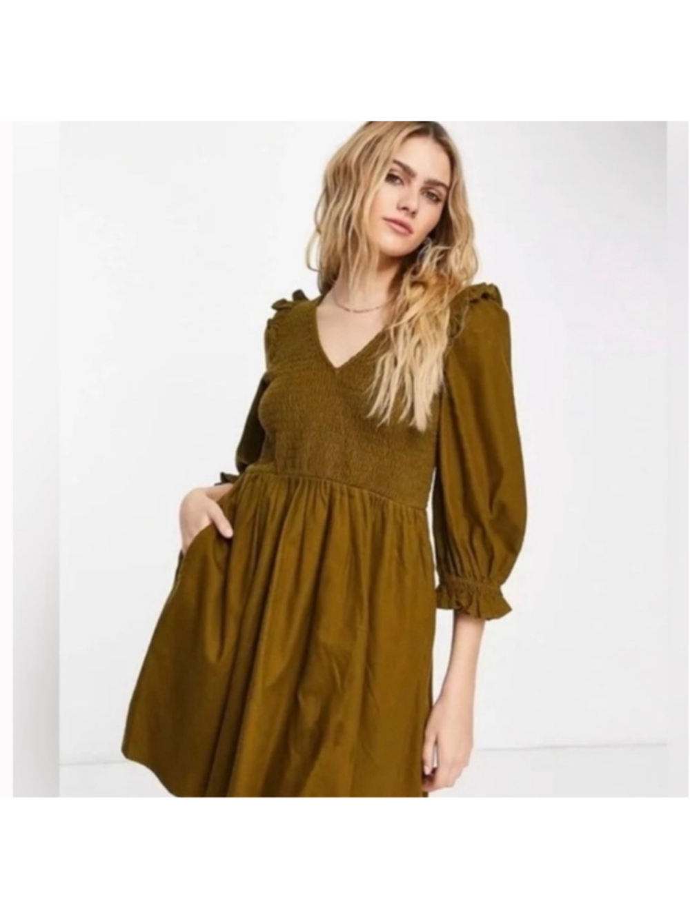 Madewell Lucie Olive Green Smocked Flannel Prarie Dress Size L Cottagecore